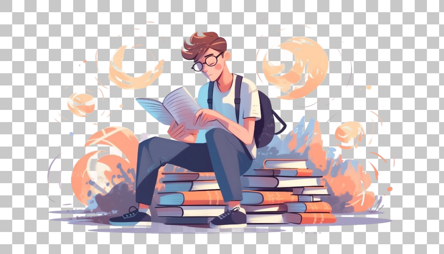 Young Man Reading Book Stacked Books Education