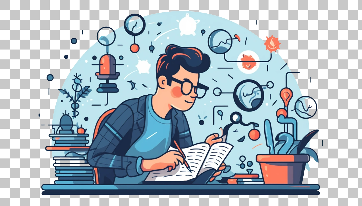 Man Writing Ideas in Notebook with Abstract Designs