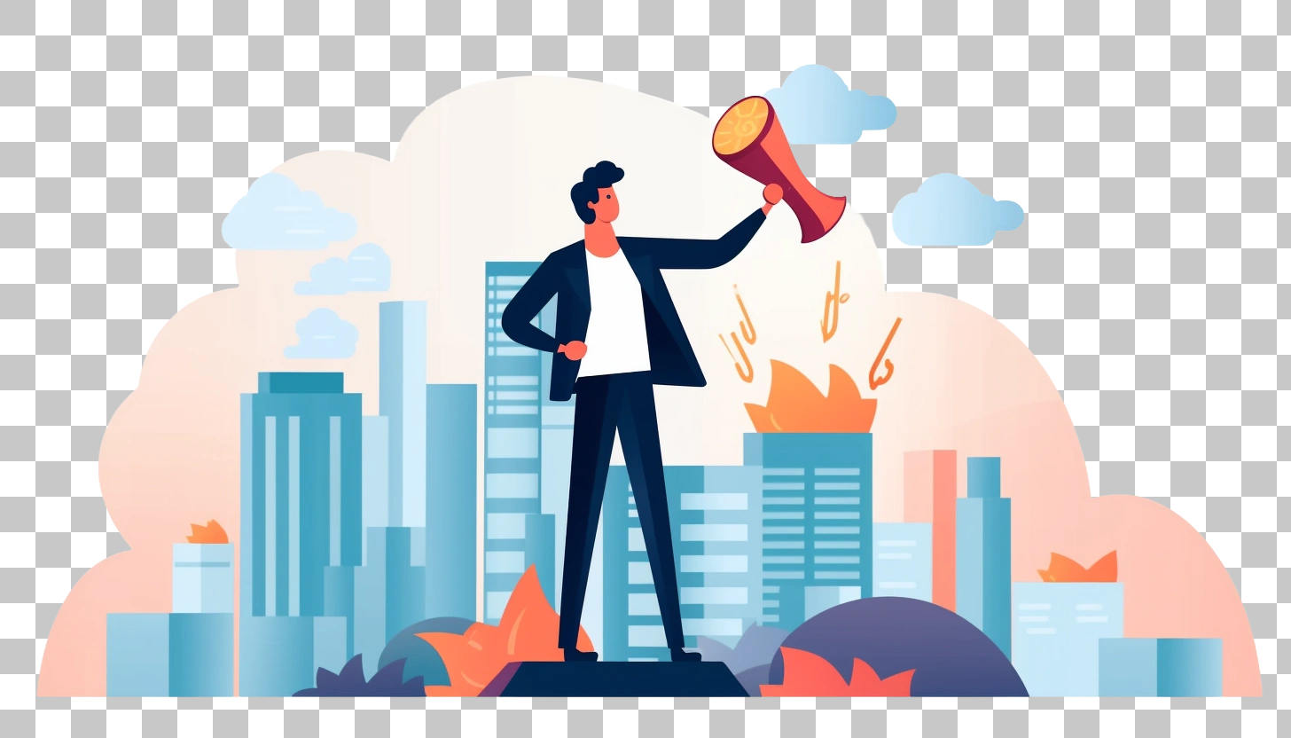 Businessman Stands Tall, City Skyline, Megaphone Announcement