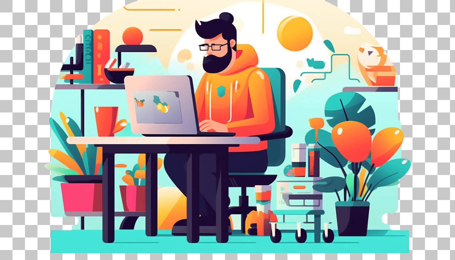 Man Working From Home with Laptop and Plants