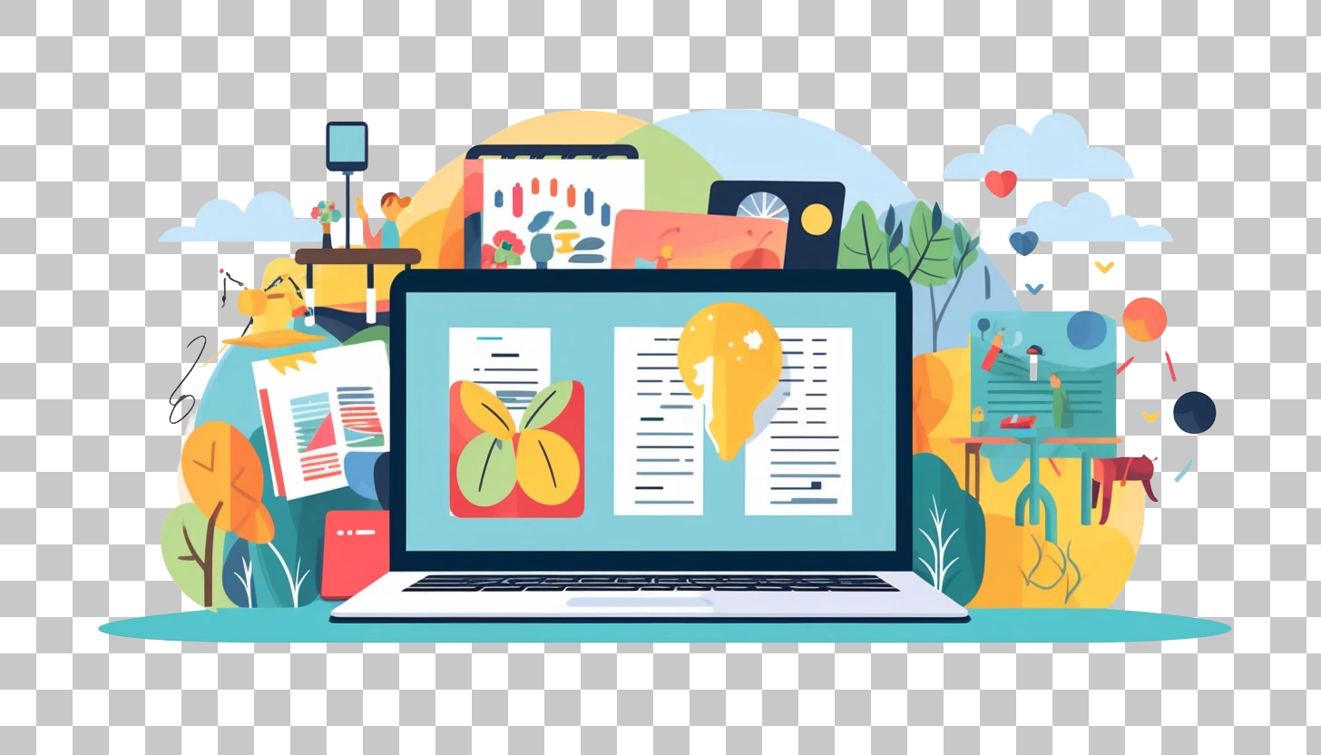 Laptop with Open Documents and Creative Icons