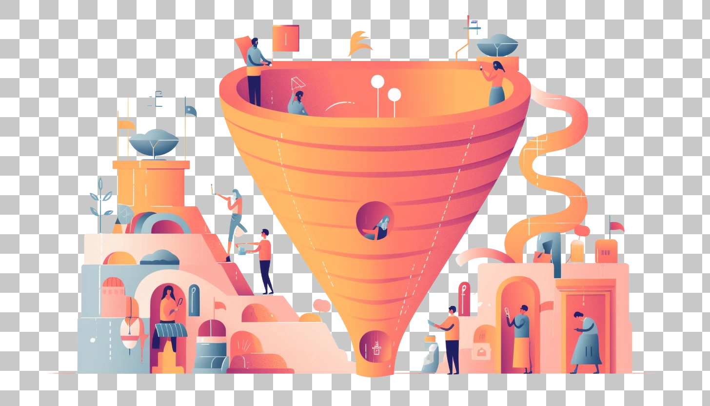 Funnel Illustration with People in a Cityscape