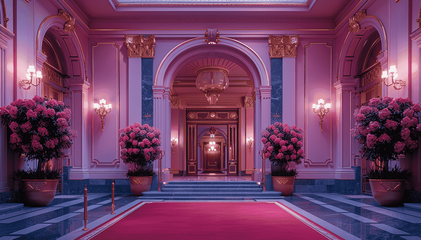 Grand Pink Palace Entrance with Flowers and Red Carpet