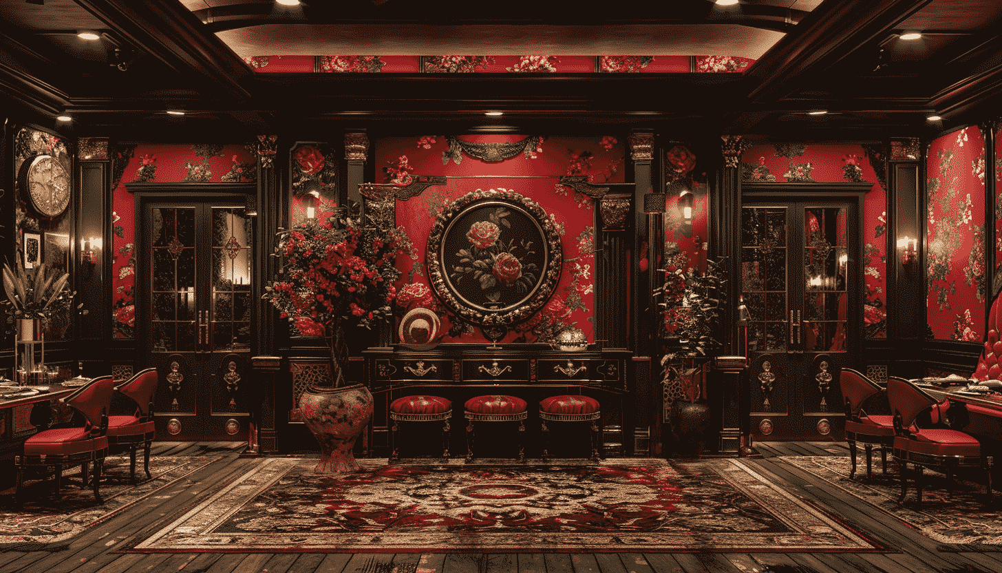 Dark Red Interior Design with Floral Wallpaper