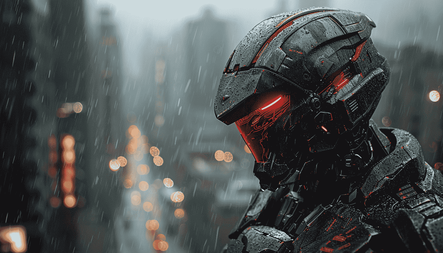 Cyberpunk Soldier Rain City Lights Futuristic