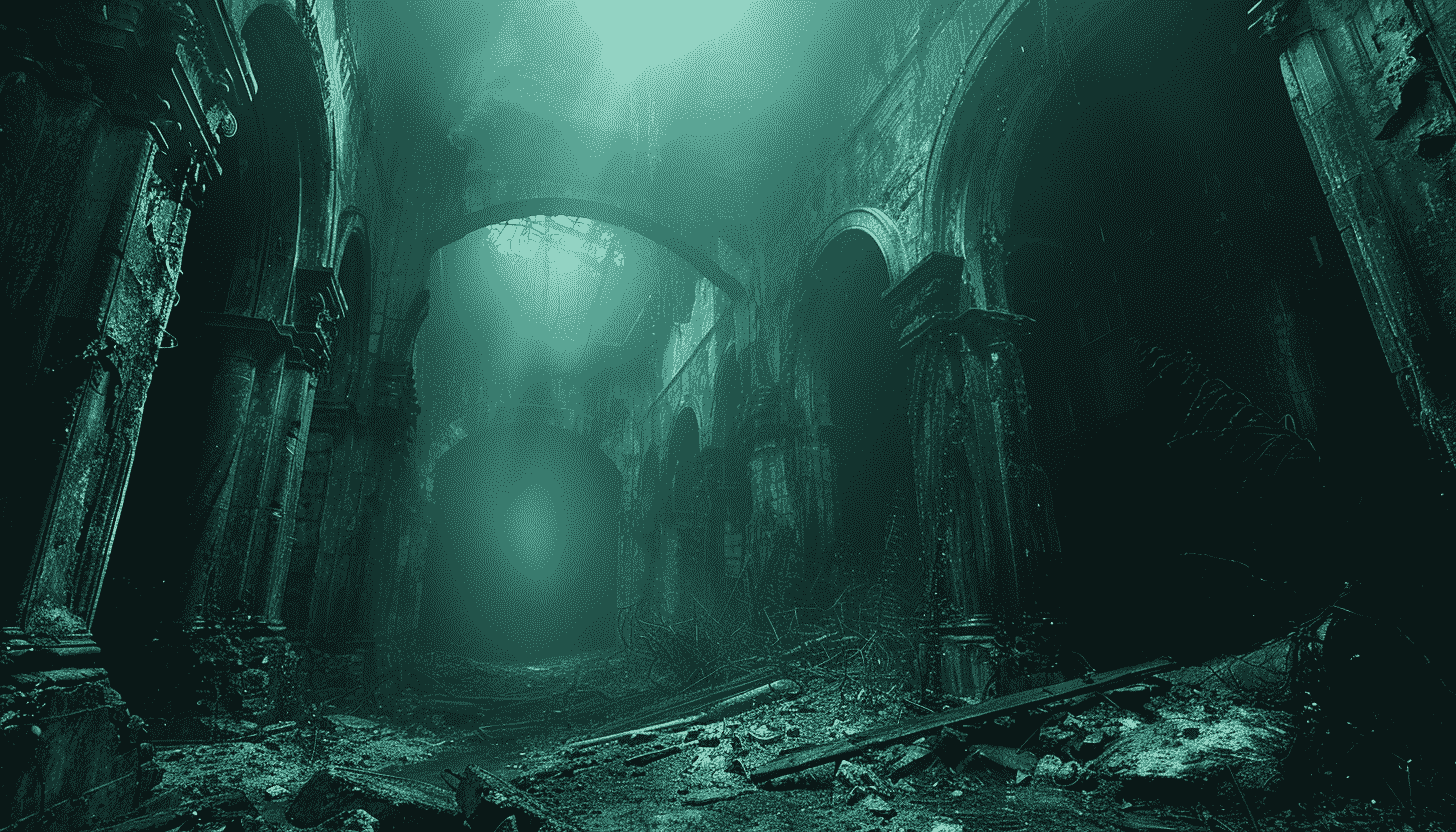Ruined Church Interior, Eerie Green Haze