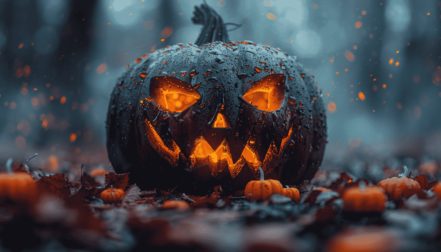 Carved Halloween Pumpkin Glowing In Forest