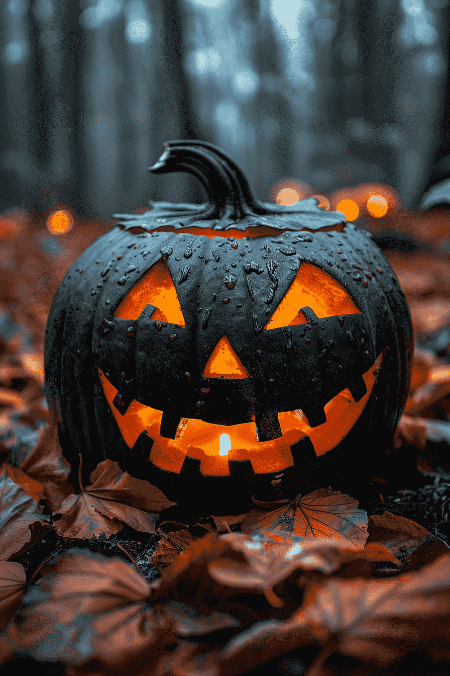Halloween Jack-O-Lantern Glowing In Autumn Leaves