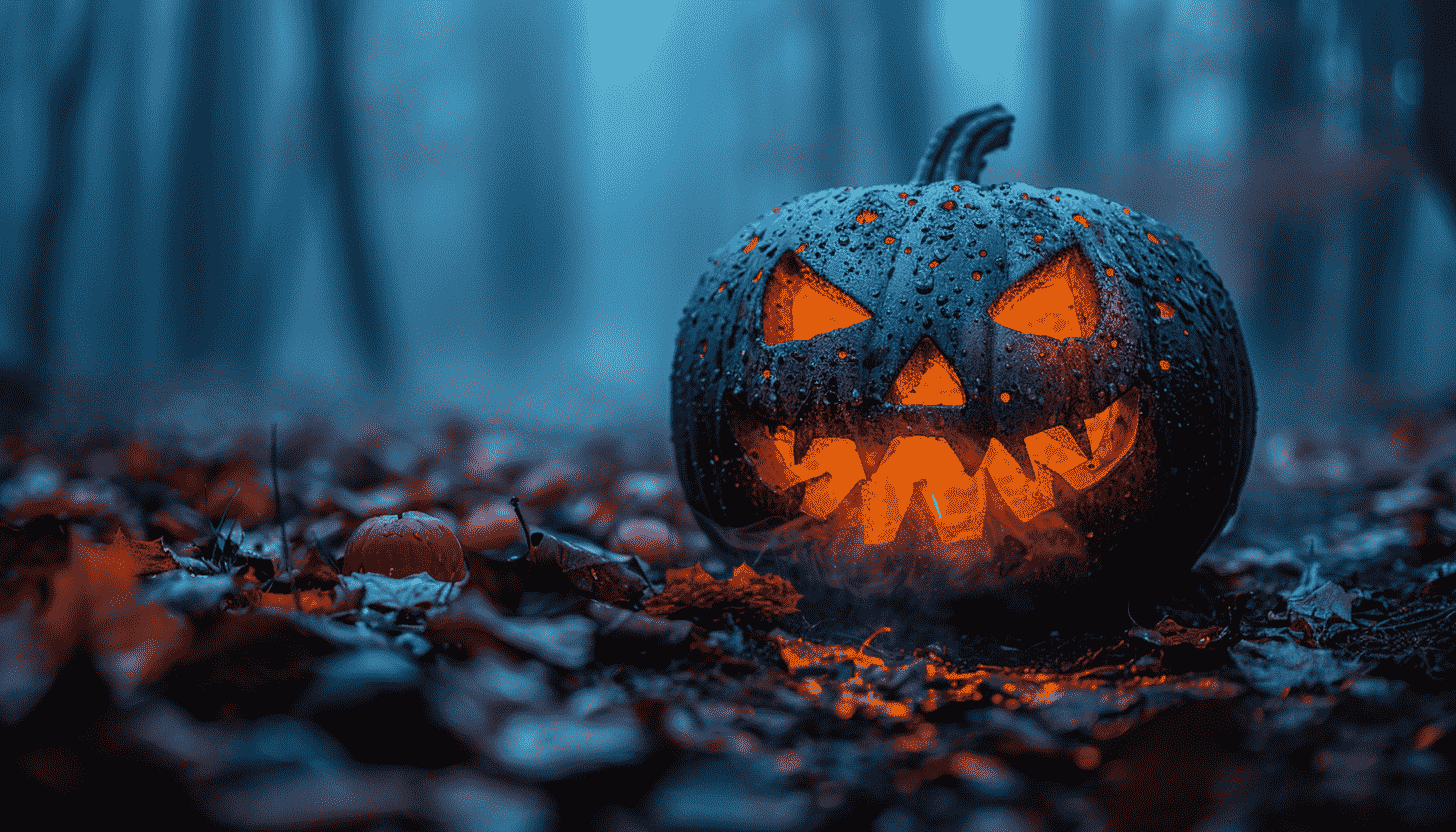 Glowing Jack-O-Lantern in a Foggy Forest