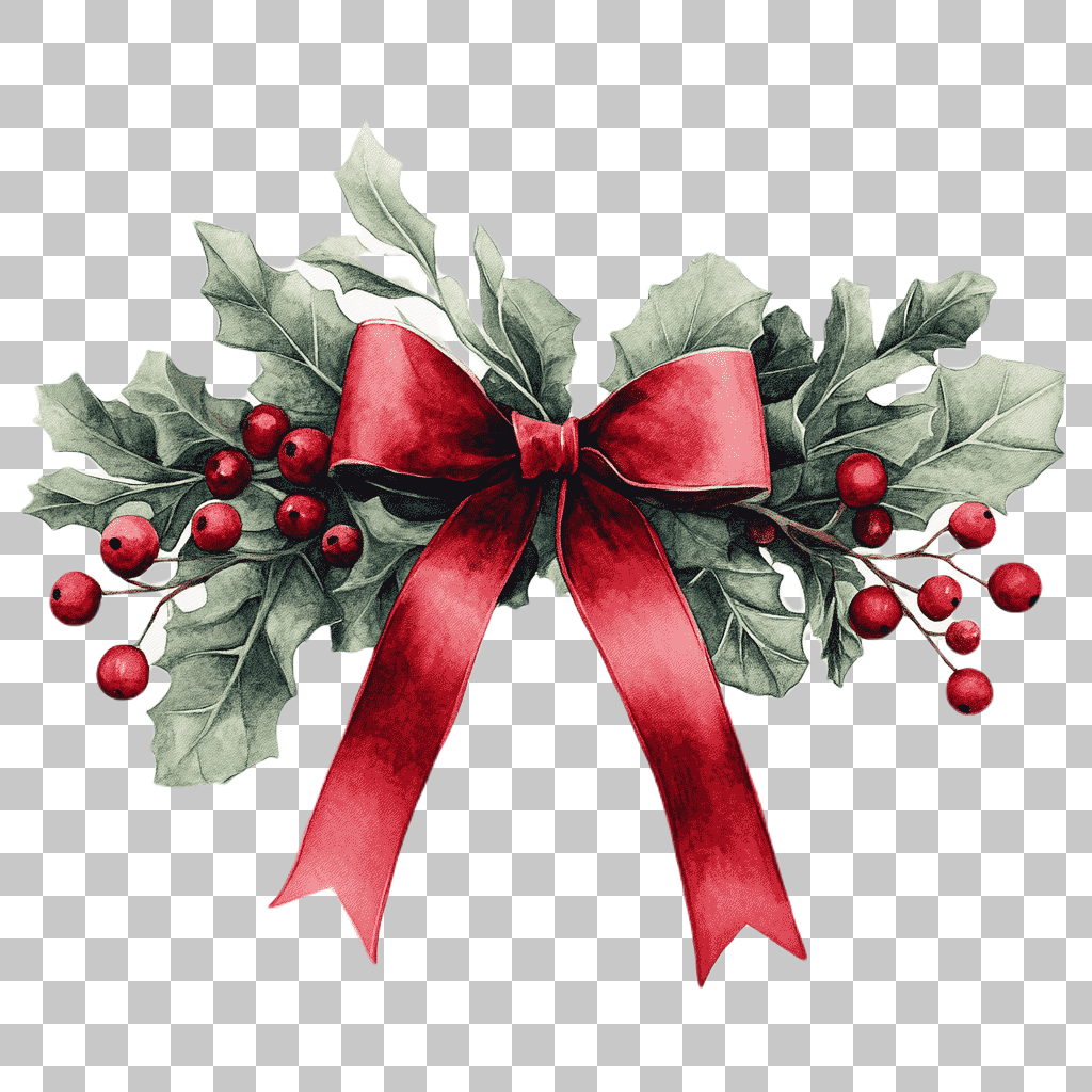 Christmas Holly PNG Clipart: Red Bow & Berries Watercolor Image
