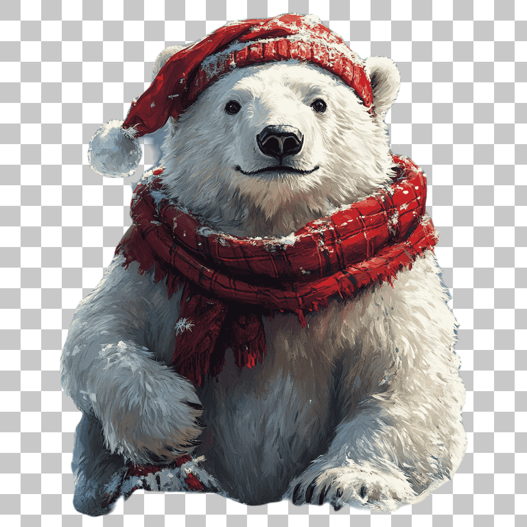 Polar Bear in Red Hat and Scarf PNG Clipart: Winter Animal Illustration