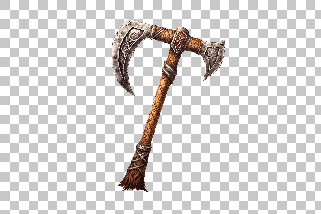 Ornate Viking Axe Clipart:  Game Asset, Fantasy Weapon PNG Image