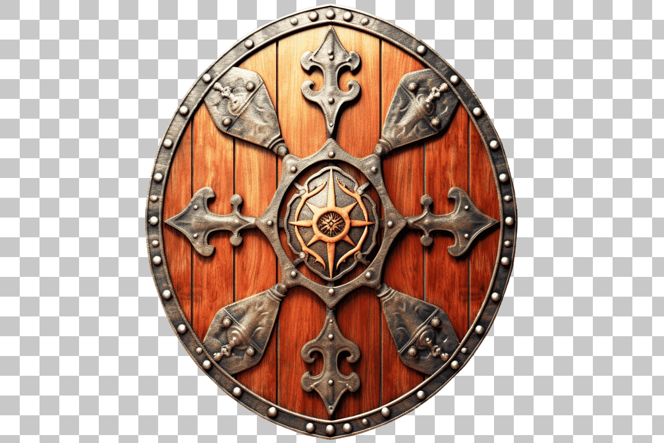 Ornate Medieval Wooden Shield PNG: Viking, Celtic, Fantasy Game Asset